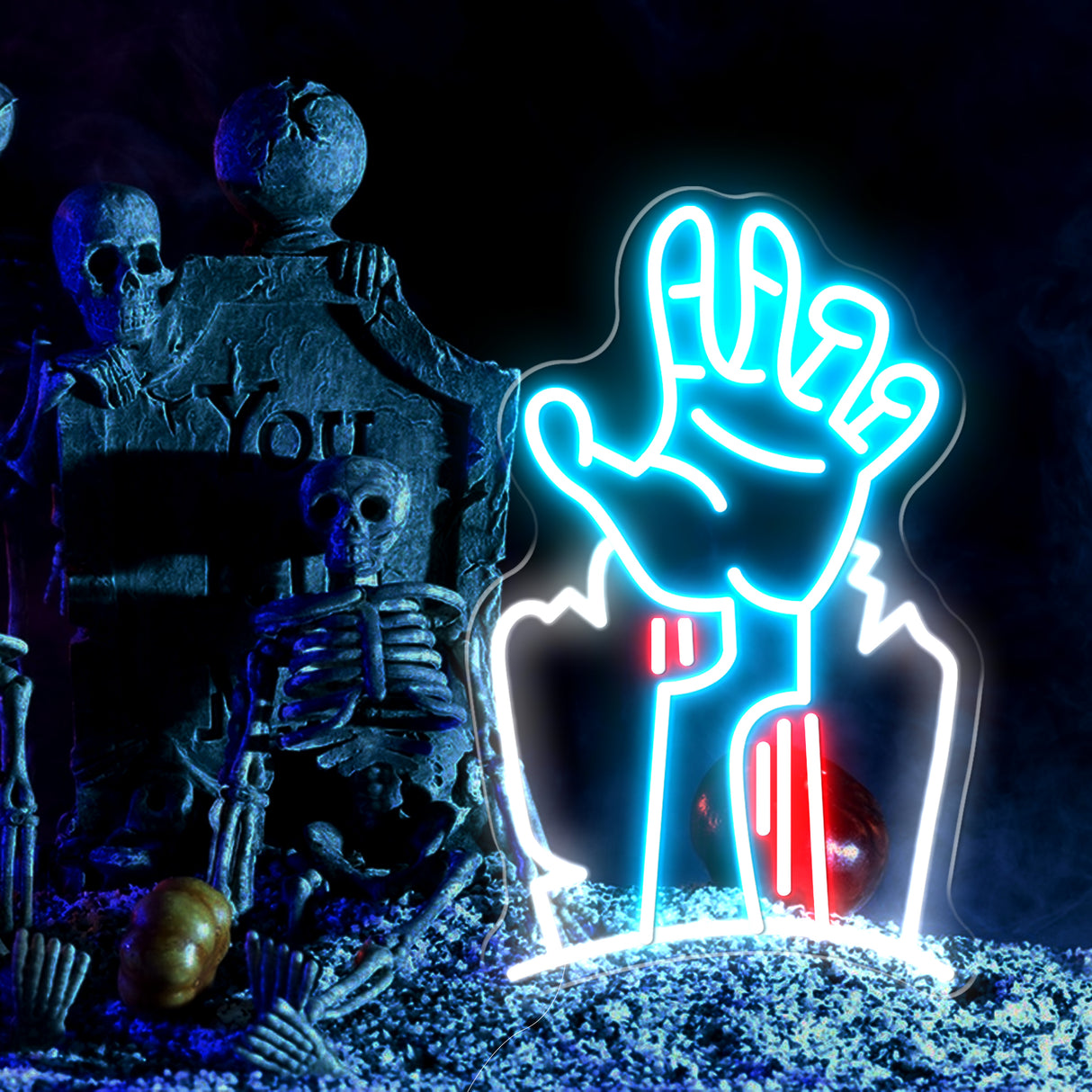 LED neon Devil's Hand sign with tombstone background, Halloween decor