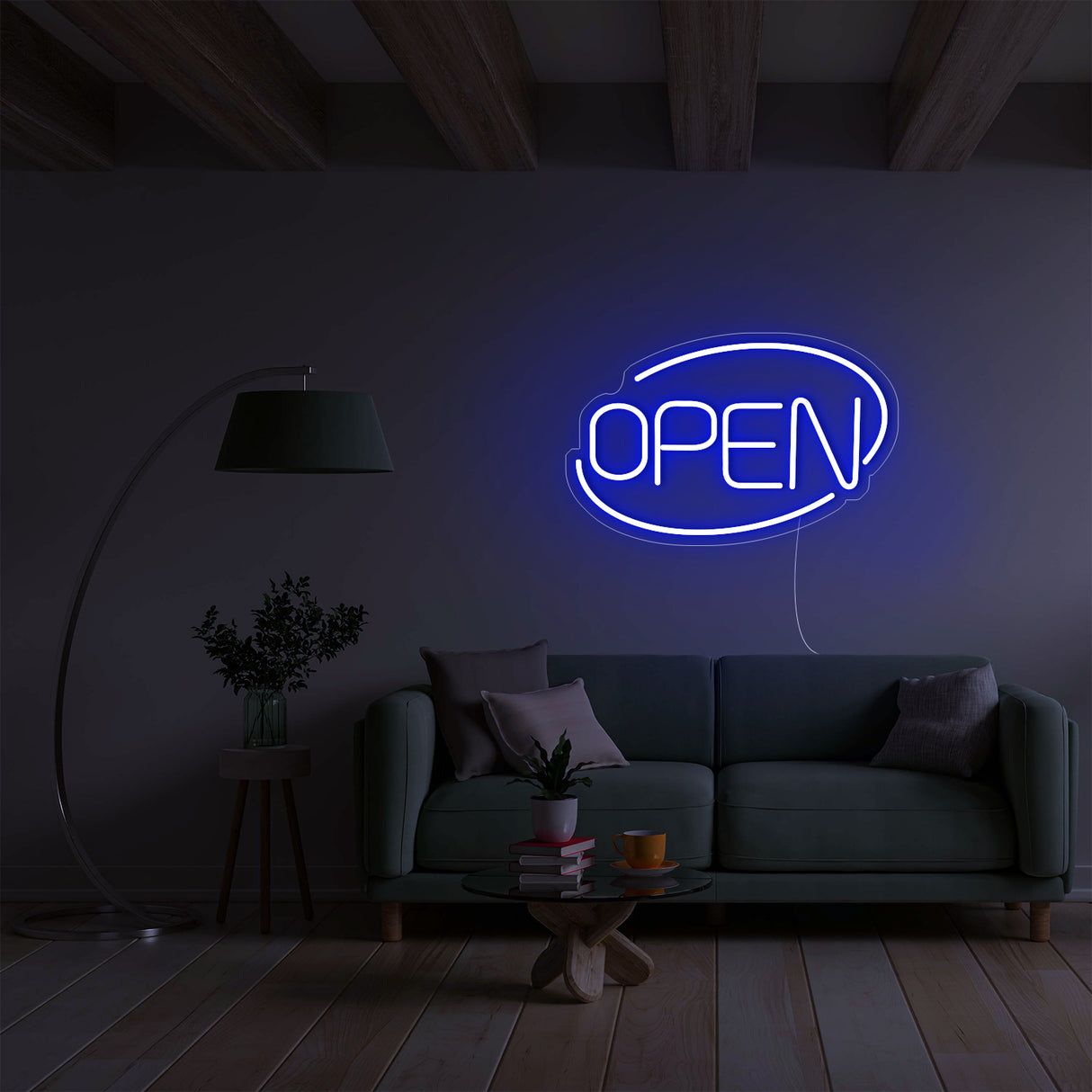 Blue Open LED neon sign in modern living room