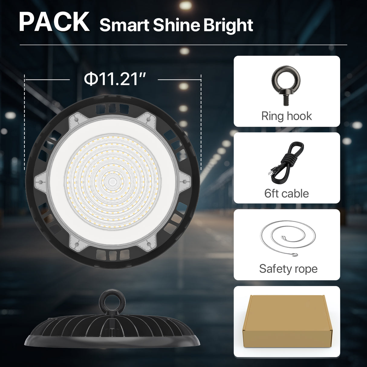 Hyperlite LED High Bay Light components, including the installation kit