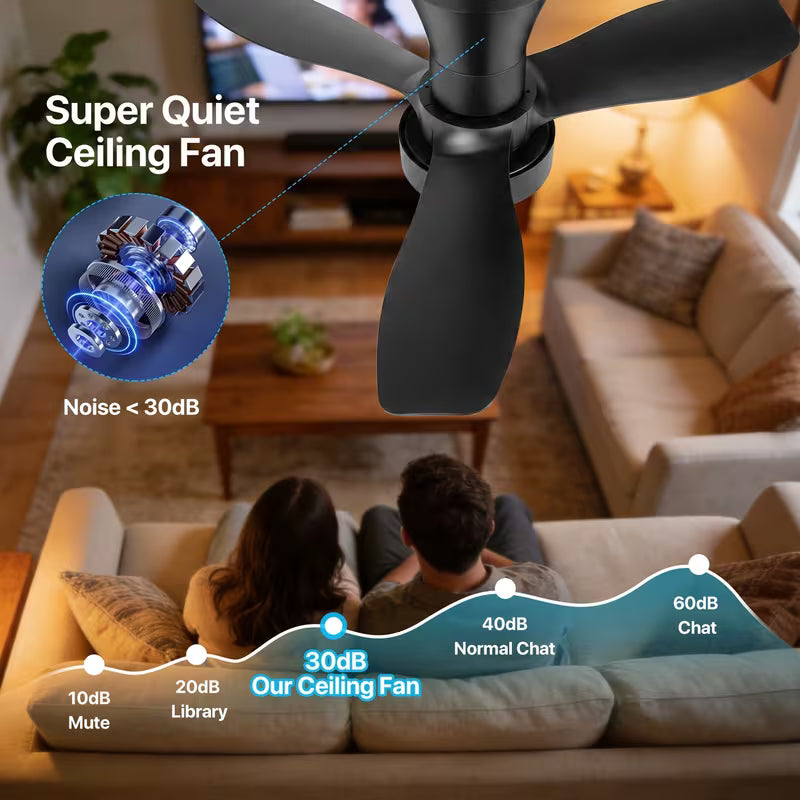 24" Low-Profile Black Ceiling Fan – Remote, Noiseless, 3000K-6500K Dimmable, 6 Speeds, Indoor/Outdoor