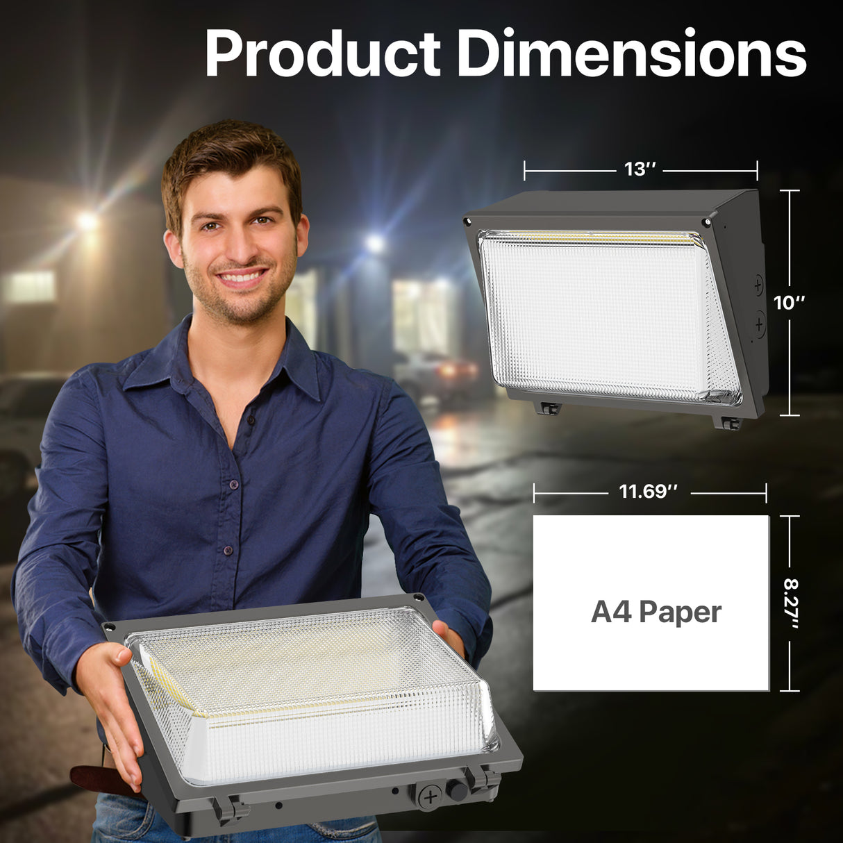 Hyperlite 120W LED Wall Pack Light dimensions. A4 size paper comparison