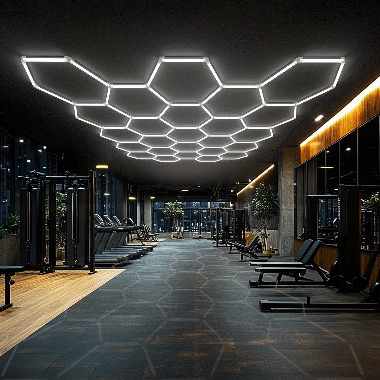Hyperlite Hexagon lights in a modern gym setting