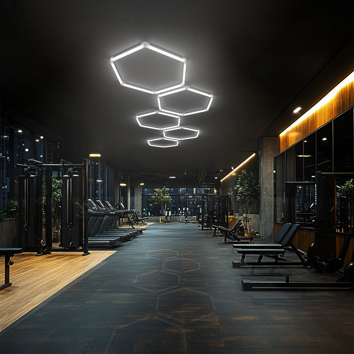 Gym interior with hexagon LED lights, Hyperlite lighting
