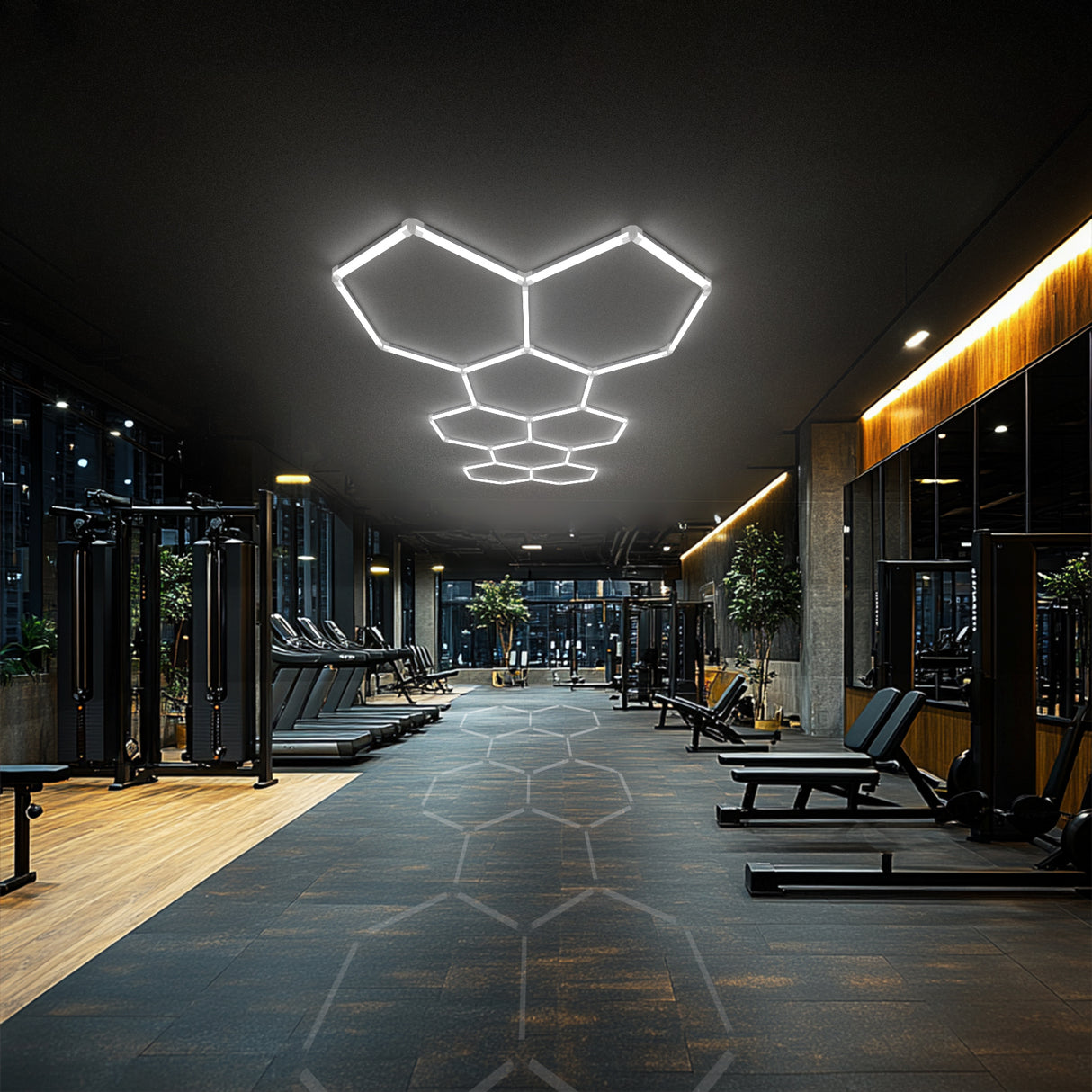 Hyperlite hexagon LED lights in a gym