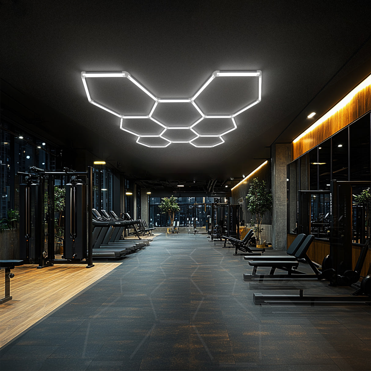 Hyperlite Hexagon Garage Lights illuminate modern gym space