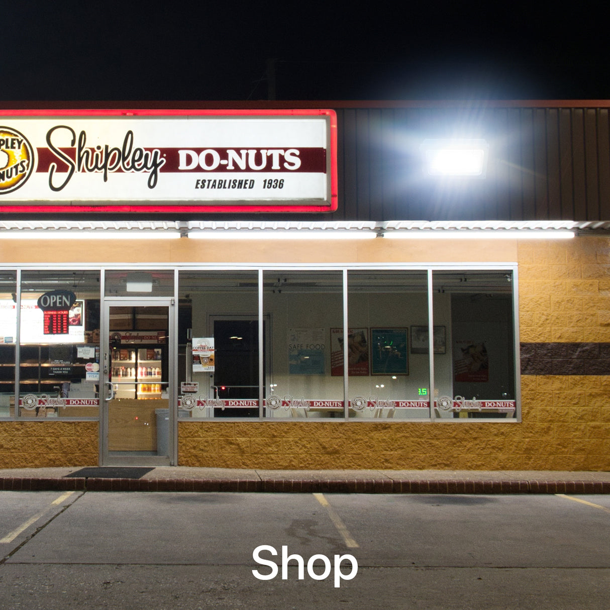 Shipley Do-Nuts shop front at night
