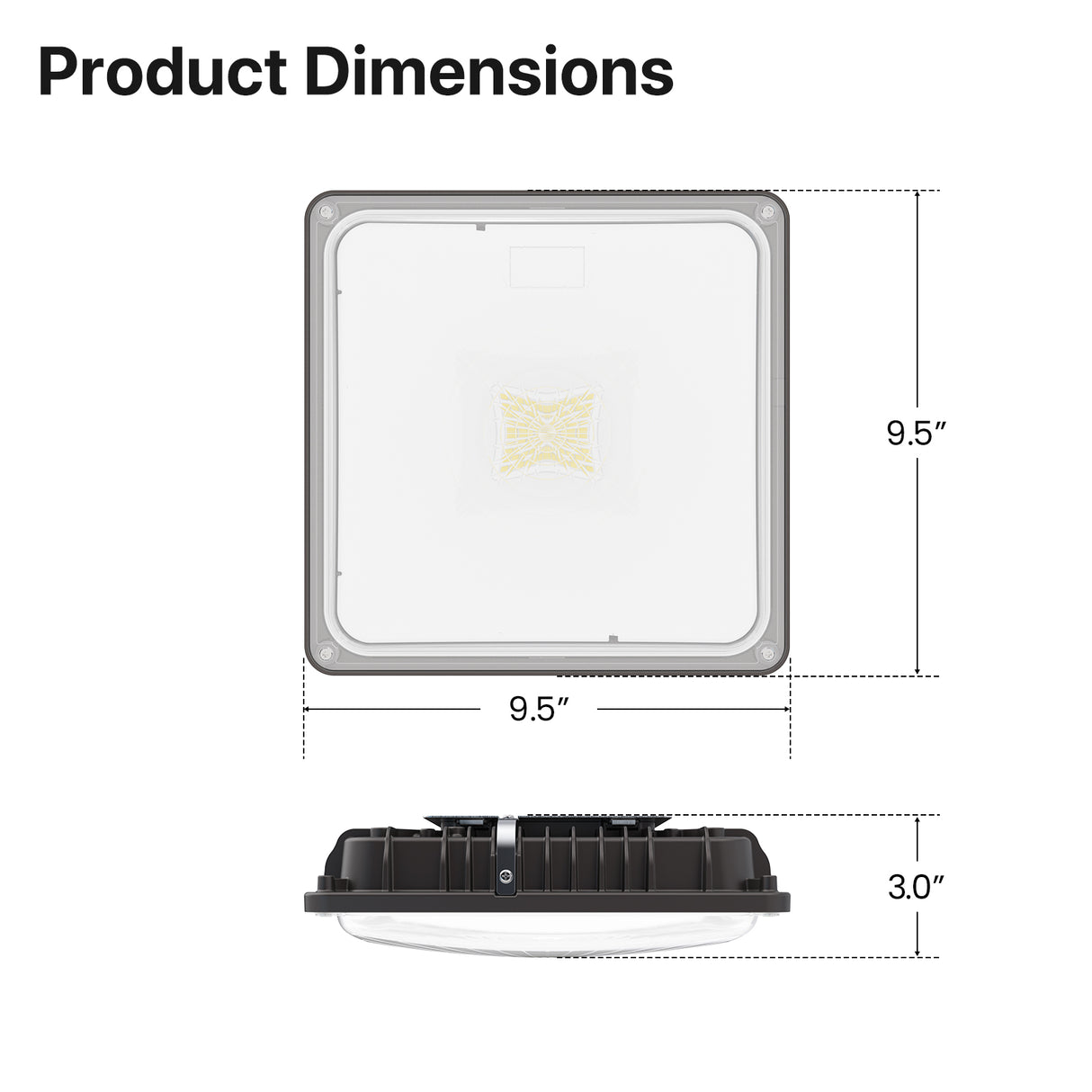 Canopy LED Light Product Dimensions: 9.5" x 9.5" x 3.0"