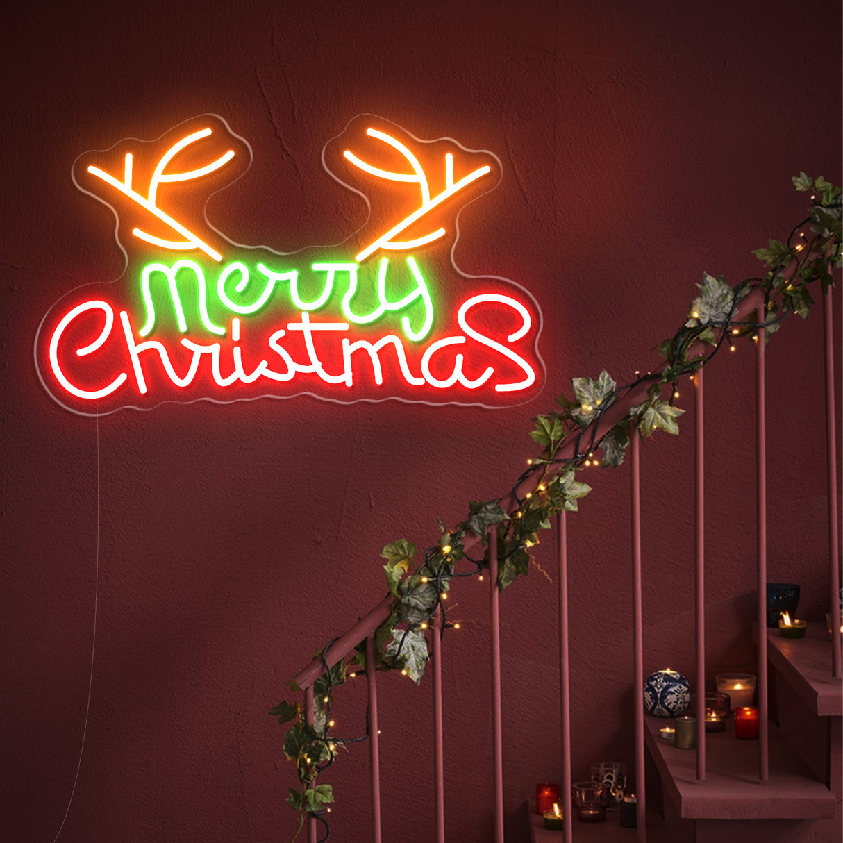 Merry Christmas neon sign with reindeer antlers, Christmas decorations