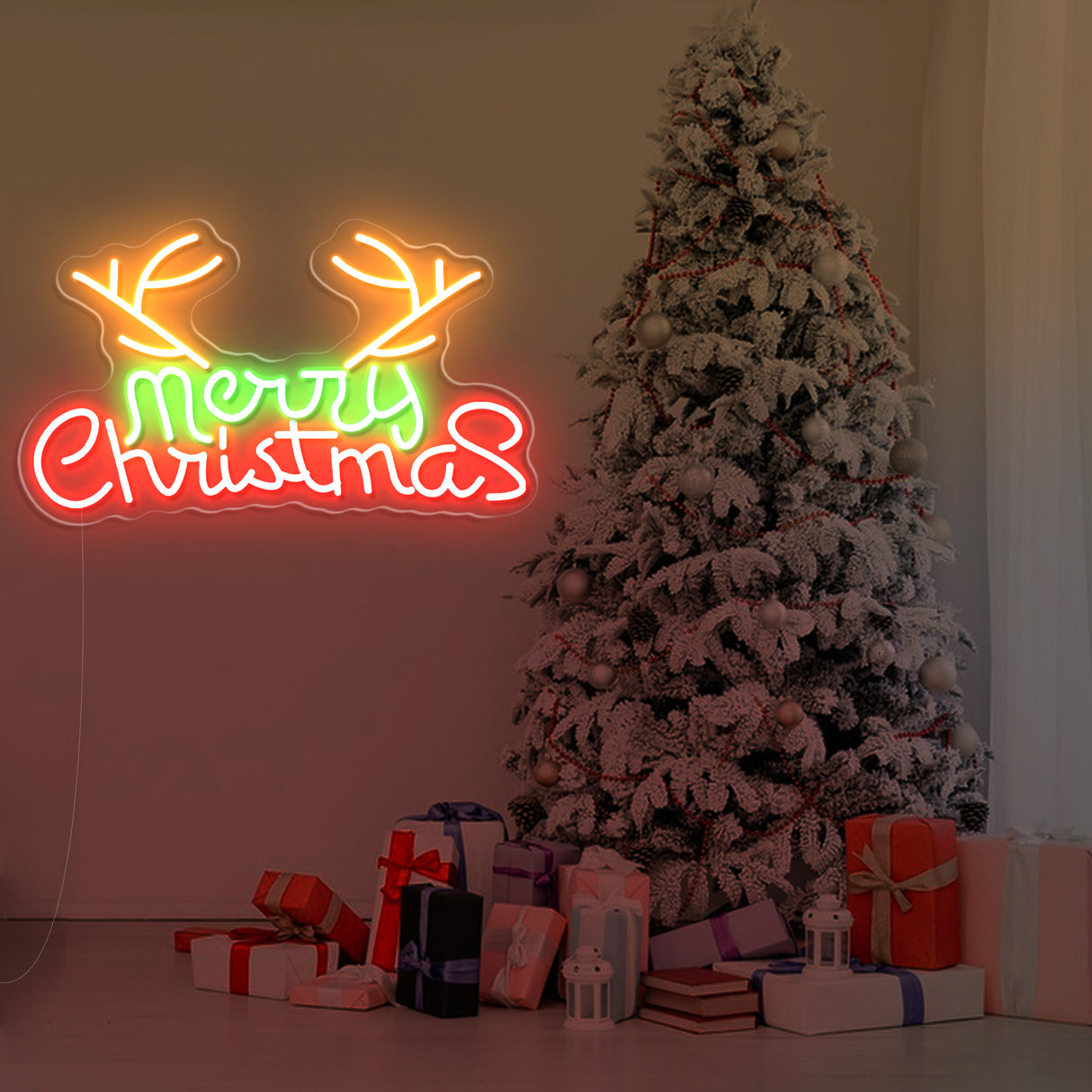 Christmas decorations with Merry Christmas neon sign