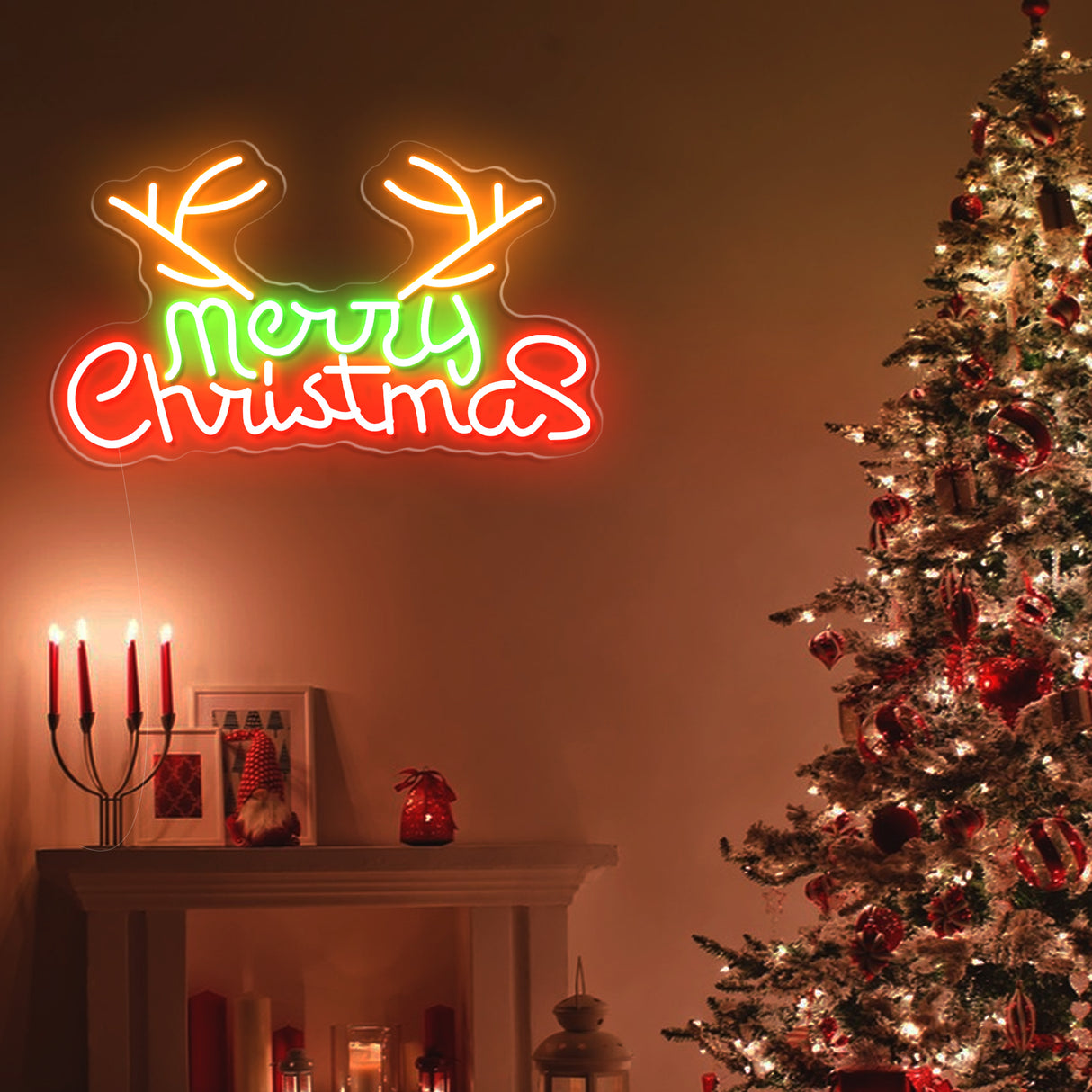 Merry Christmas LED Neon Sign with Reindeer Antlers