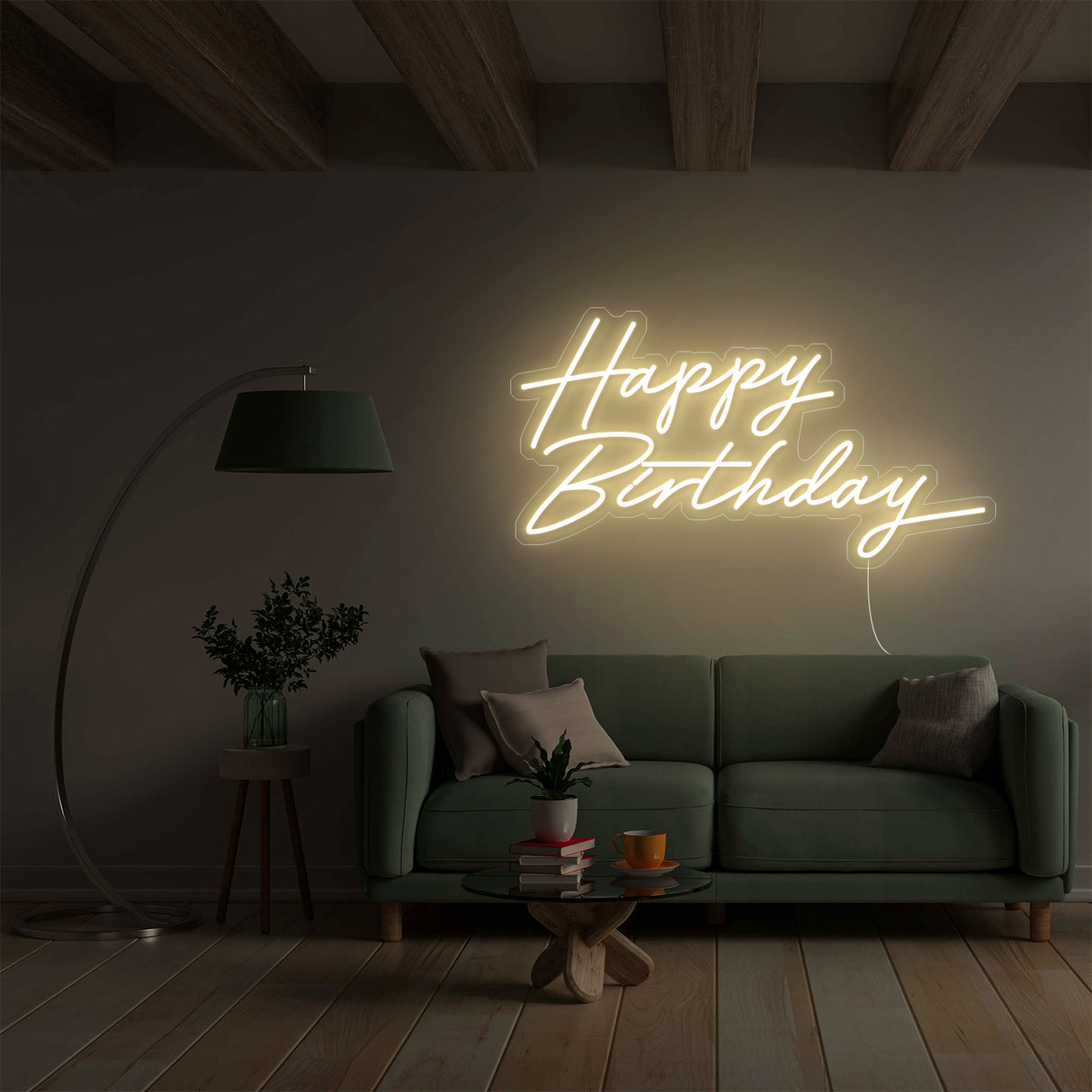 Happy Birthday neon sign in living room