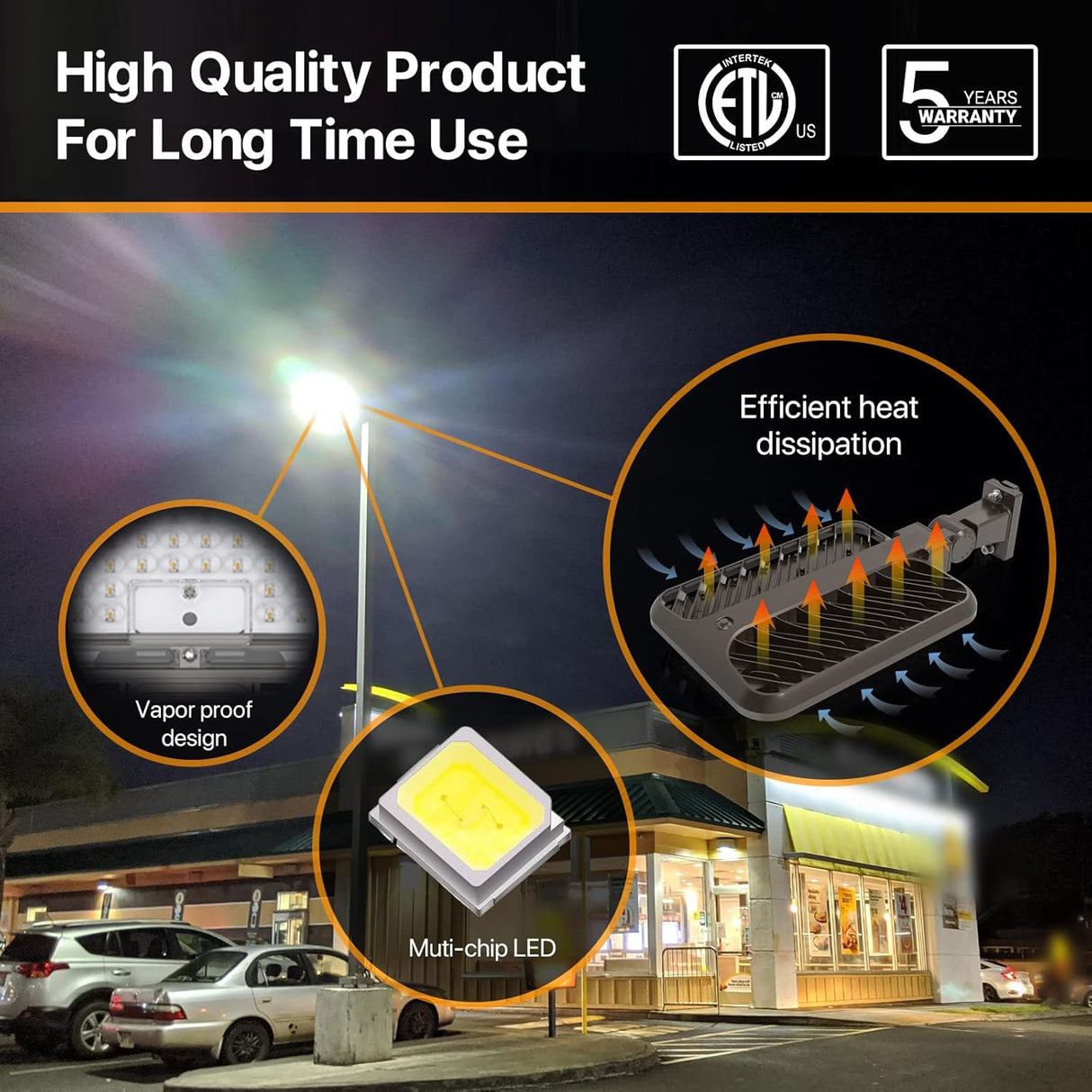 LED Parking Lot Light - Cobra Series, 60000lumens, 5000K, 100-277V, Dusk to Dawn