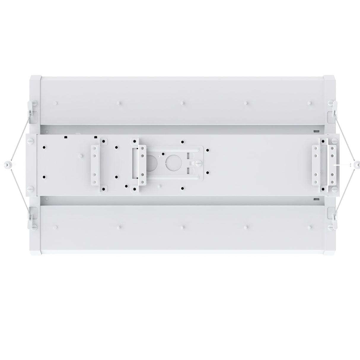 White Linear High Bay LED Light fixture, top view, showing mounting details