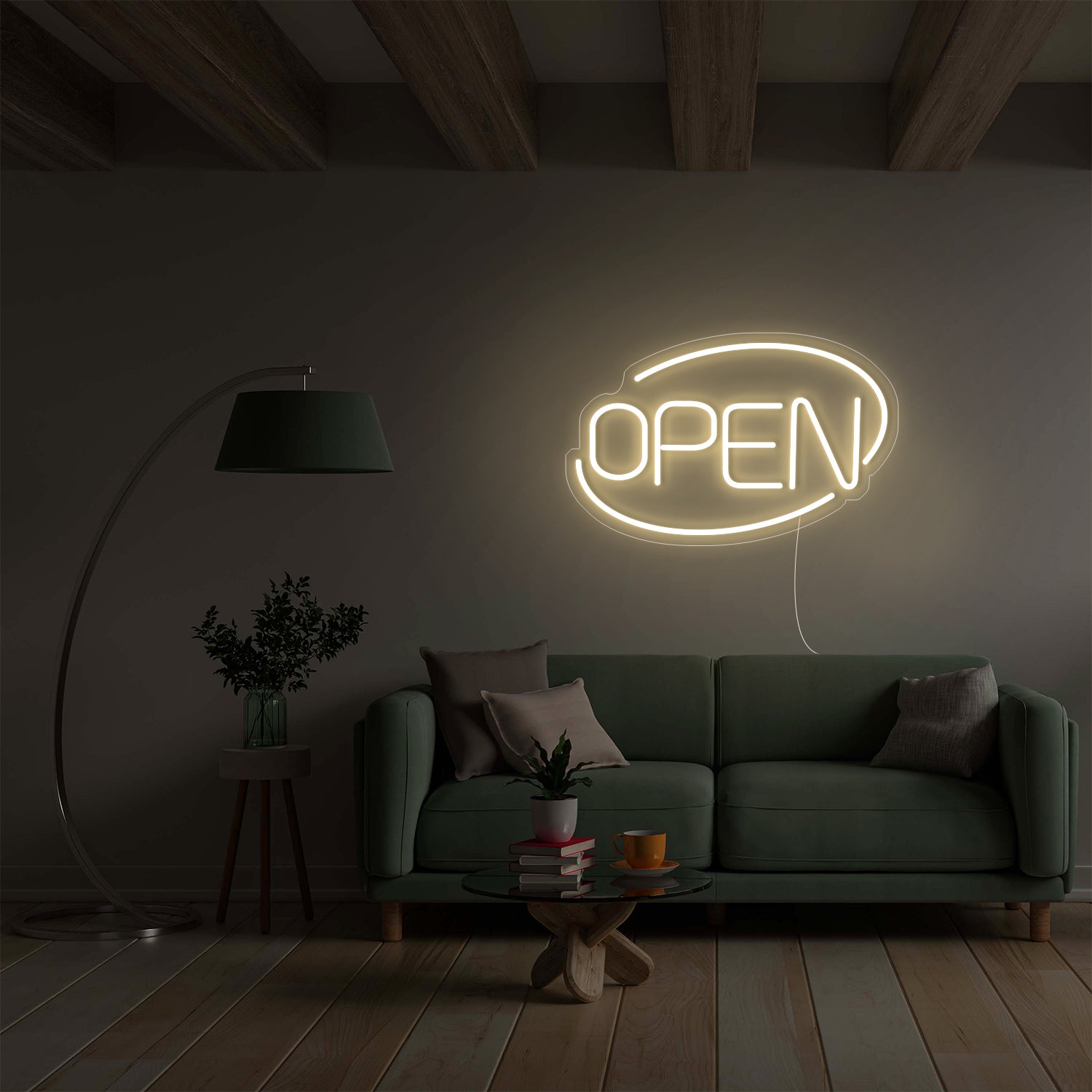 Open LED neon sign in a modern interior design