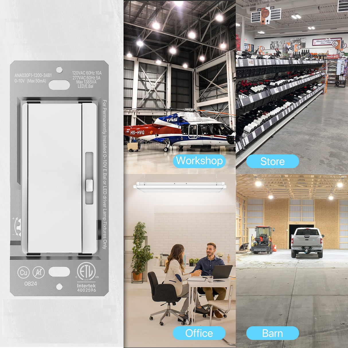 1-10V Dimmer Switch in various applications: workshop, store, office, barn