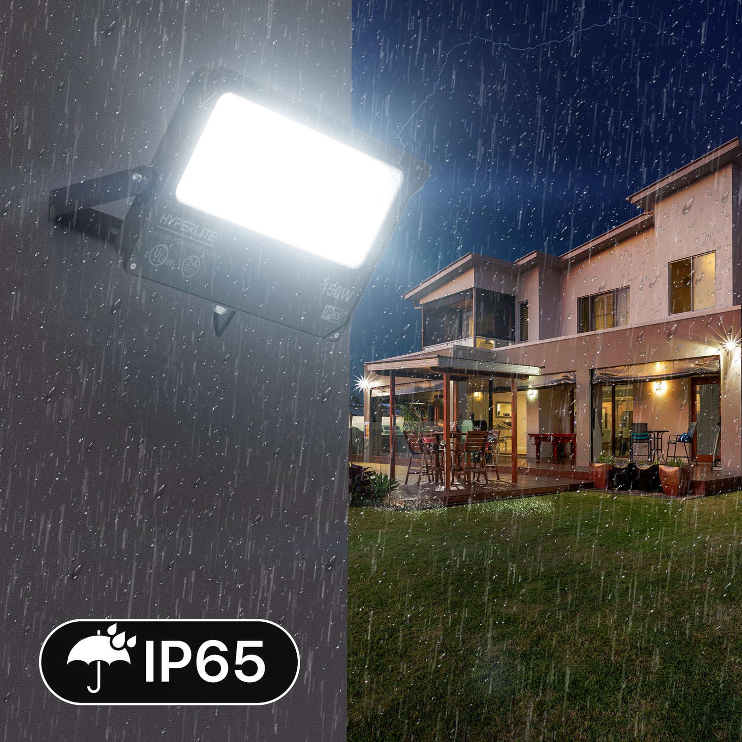 Hyperlite 150W LED flood light, IP65 waterproof, lighting up a house in rain