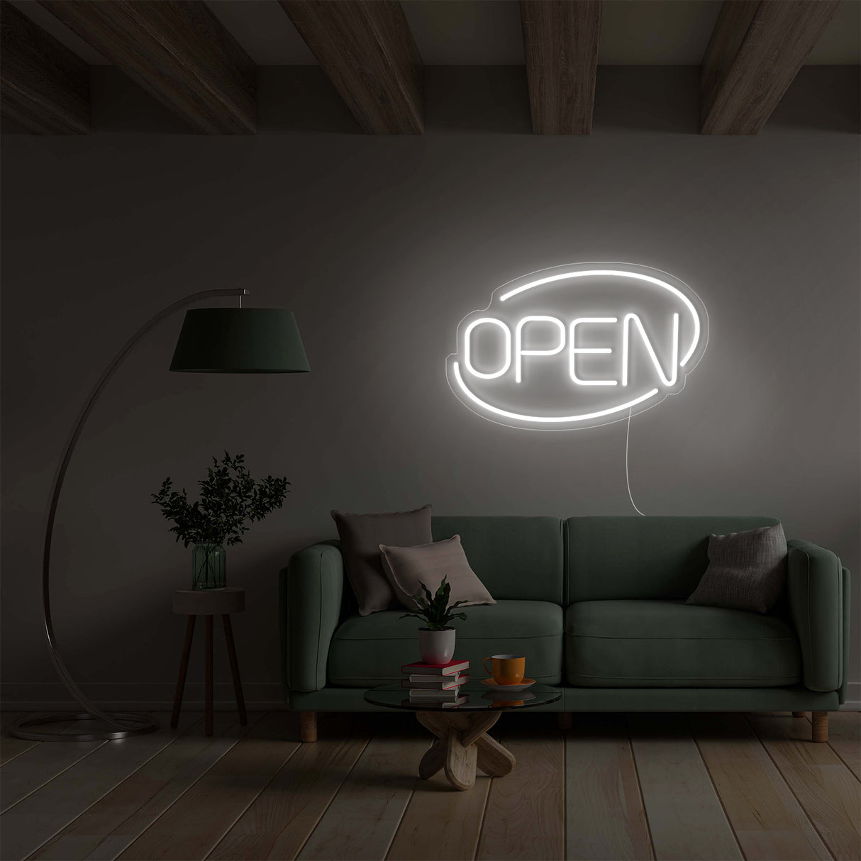 Open LED Neon Sign in Modern Living Room