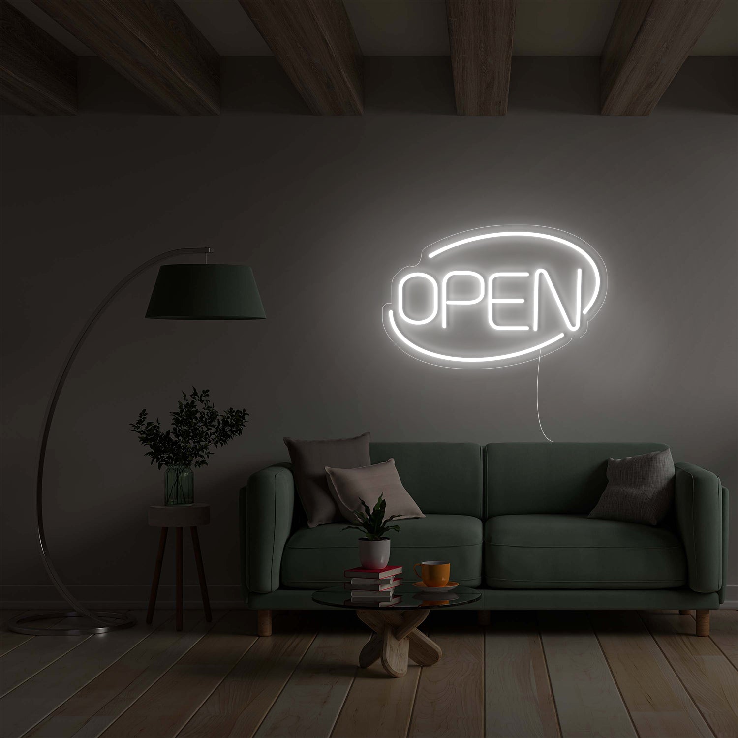 Open LED Neon Sign in Modern Living Room