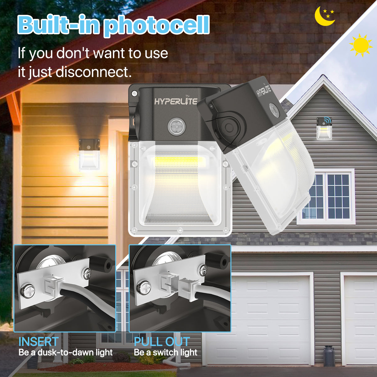 Hyperlite LED wall pack with dusk to dawn photocell, automatically ON/OFF.