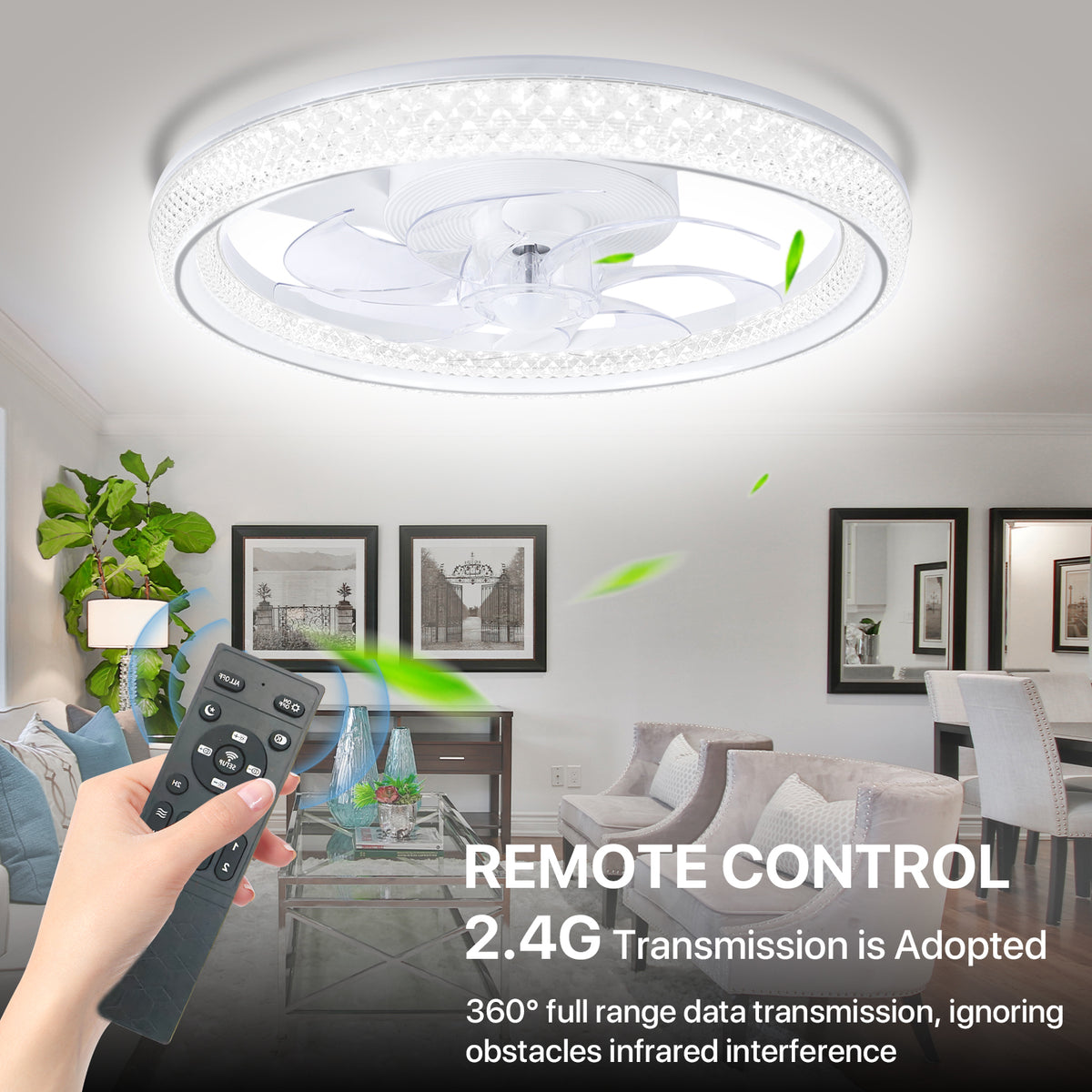 20" Flush-Mount Bladeless Ceiling Fan – Remote, Stepless Dimming 3000K-6500K, 6 Speeds, Modern.