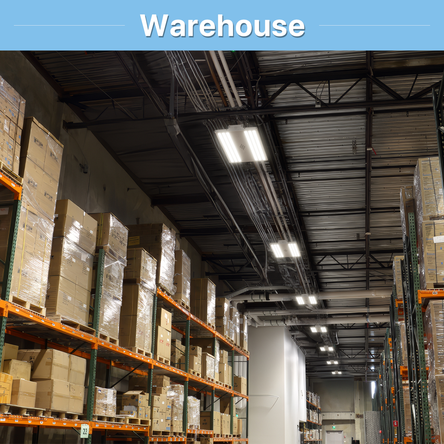 Warehouse illuminated by Hyperlite LED high bay lights