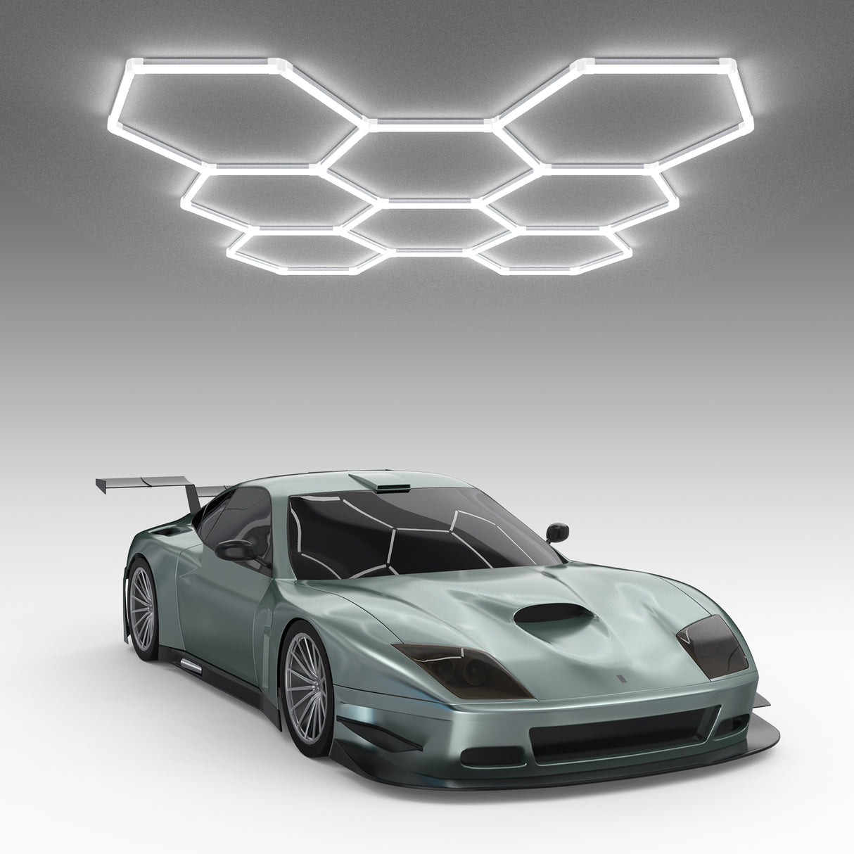 Hyperlite Hexagon Garage Lights Gen 2 with sport car