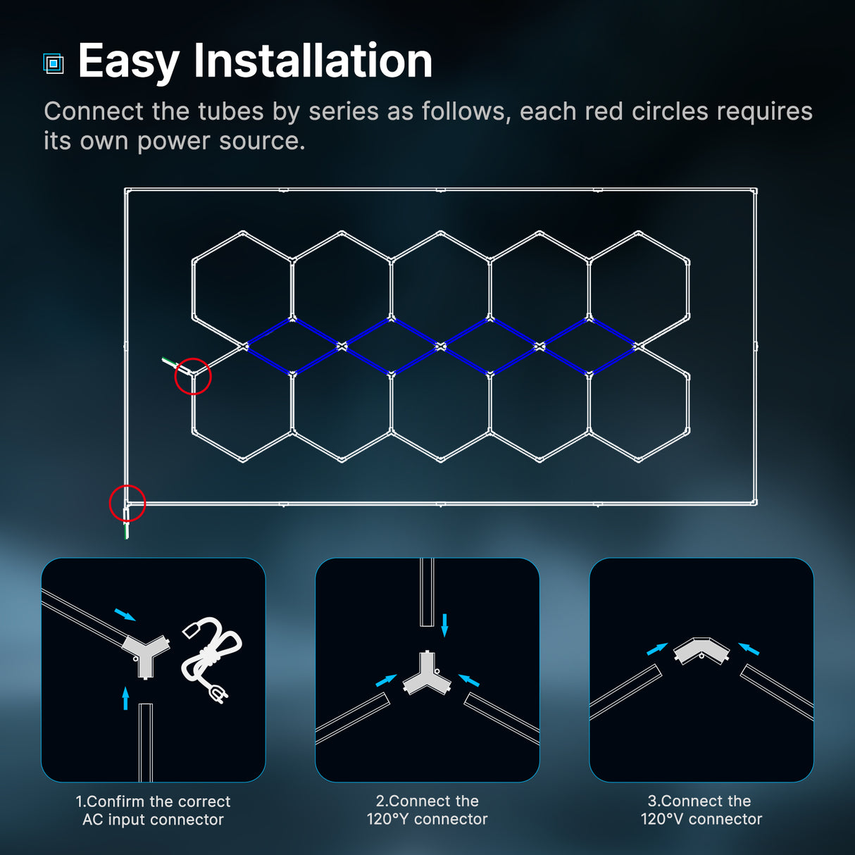 Blue hexagon LED light installation