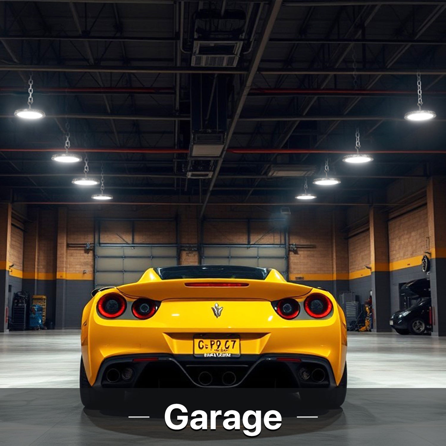 Garage interior with Hyperlite LED lights illuminating a yellow sports car