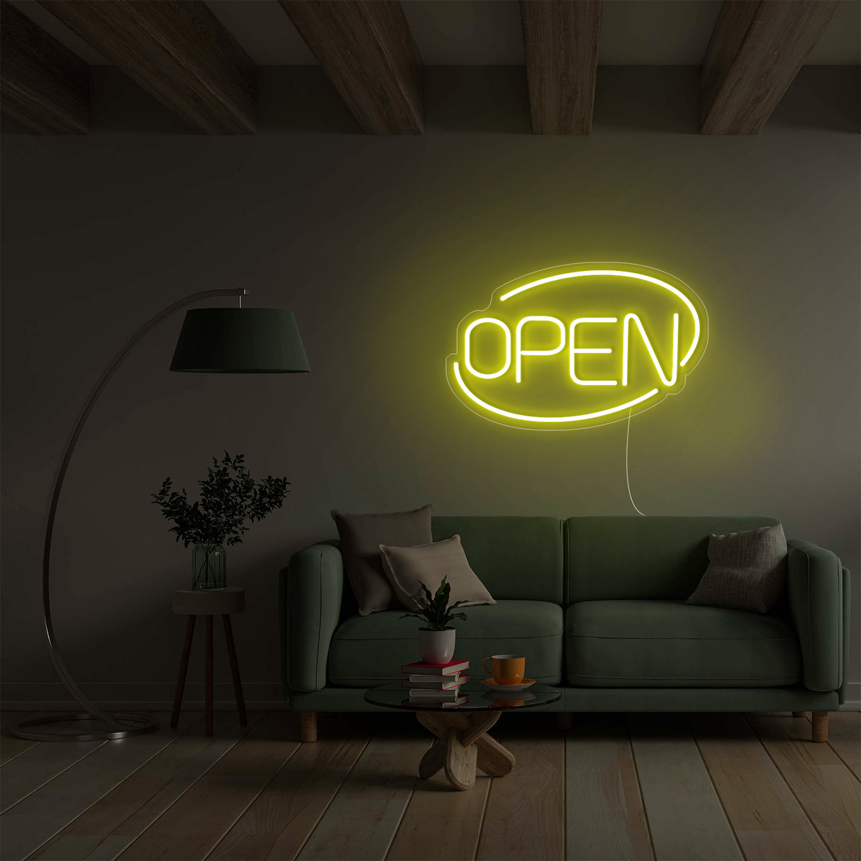 Yellow Open LED neon sign in modern living room