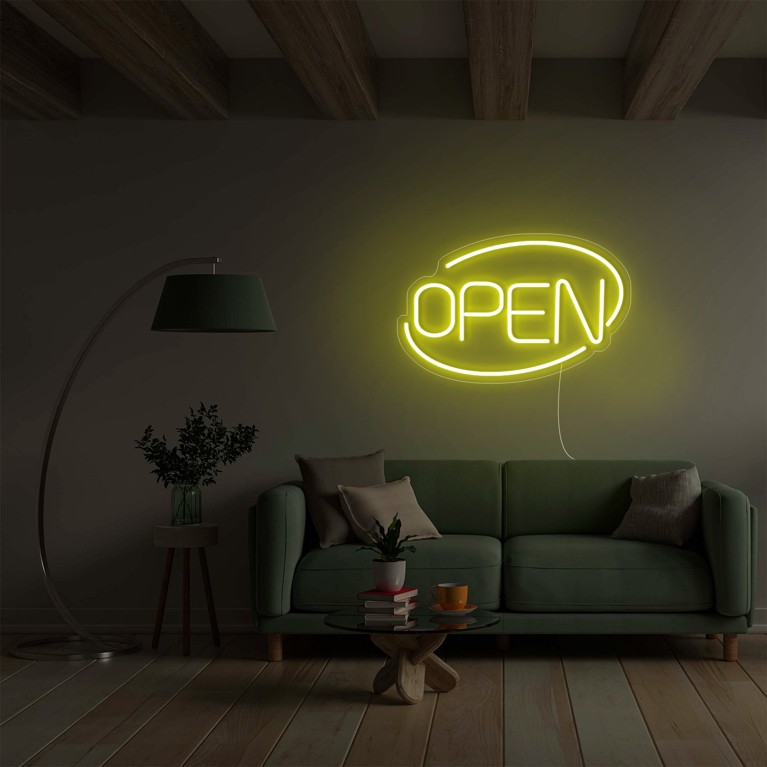 Yellow Open LED neon sign in modern living room