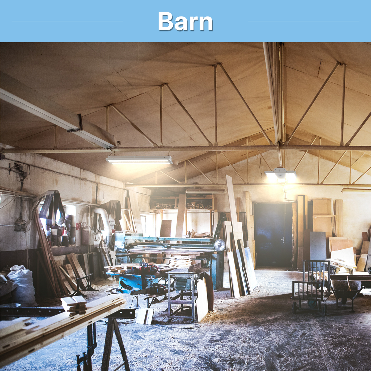 Warehouse or Barn illuminated by LED high bay lights.