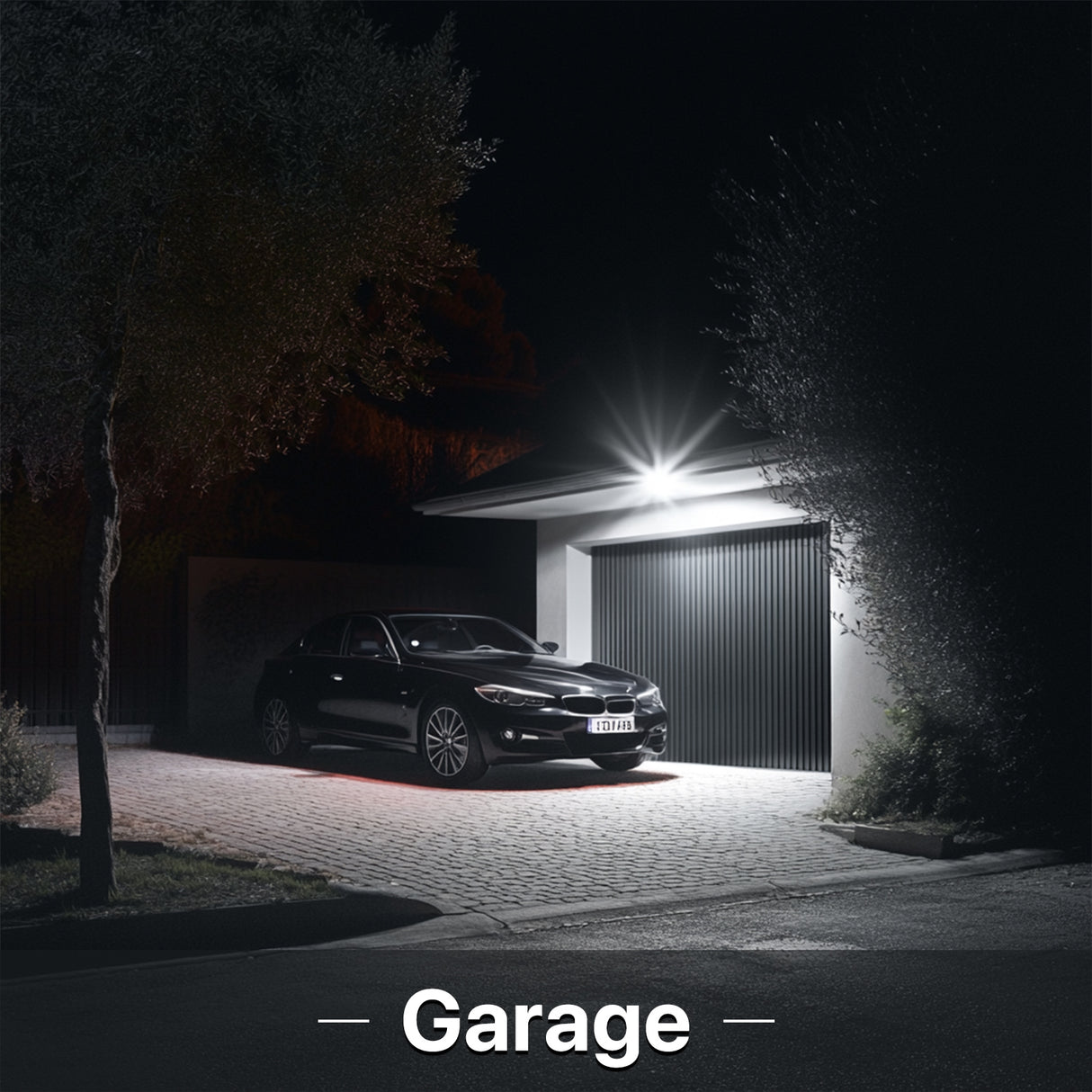 Hyperlite Wall Pack Light illuminating garage at night