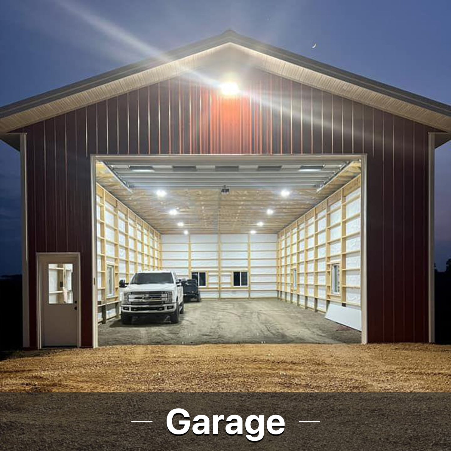 Garage illuminated by Hyperlite LED flood lights