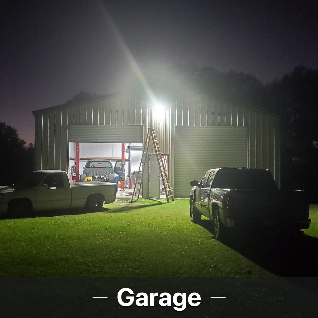 Hyperlite LED flood light illuminates garage at night
