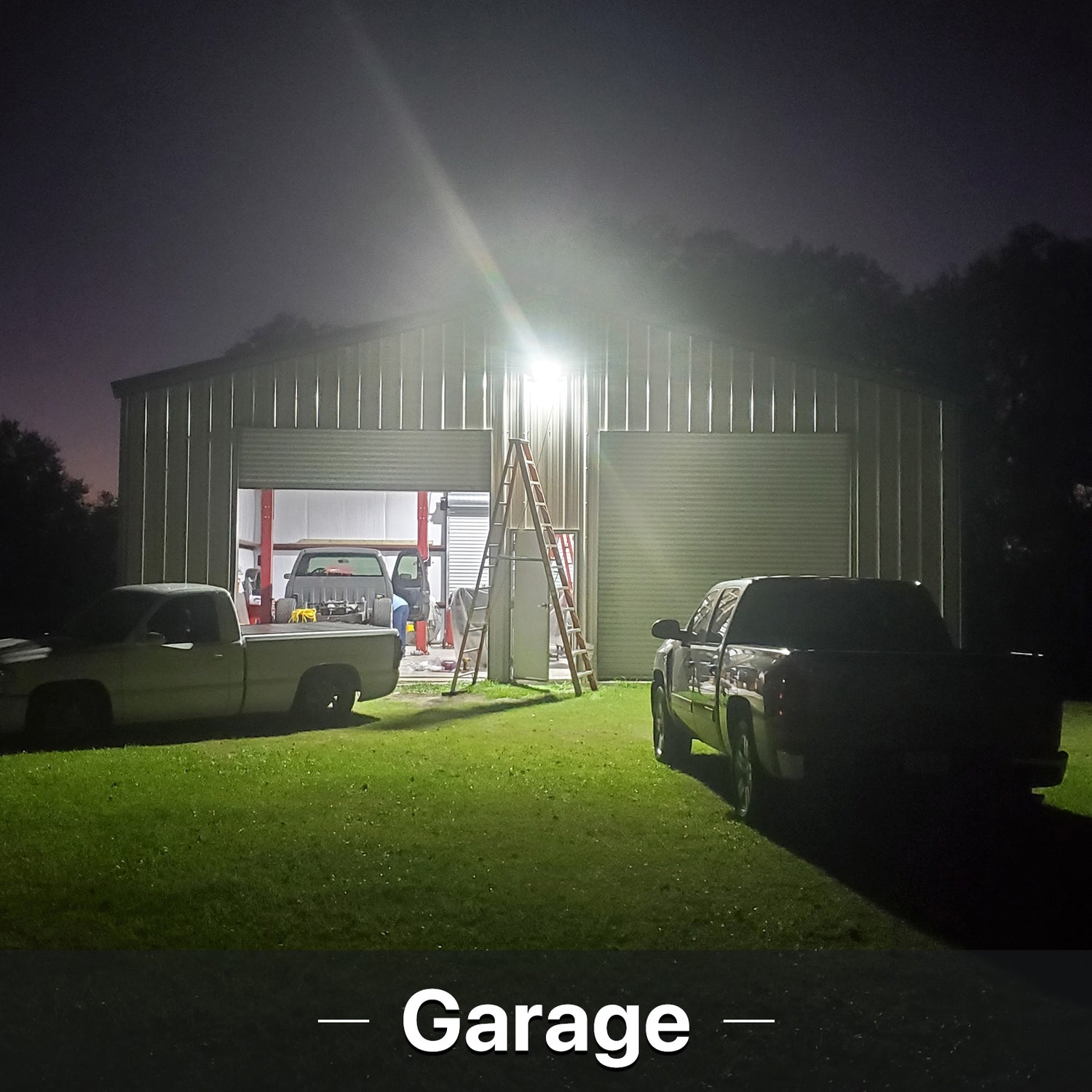 Hyperlite LED flood light illuminates garage at night