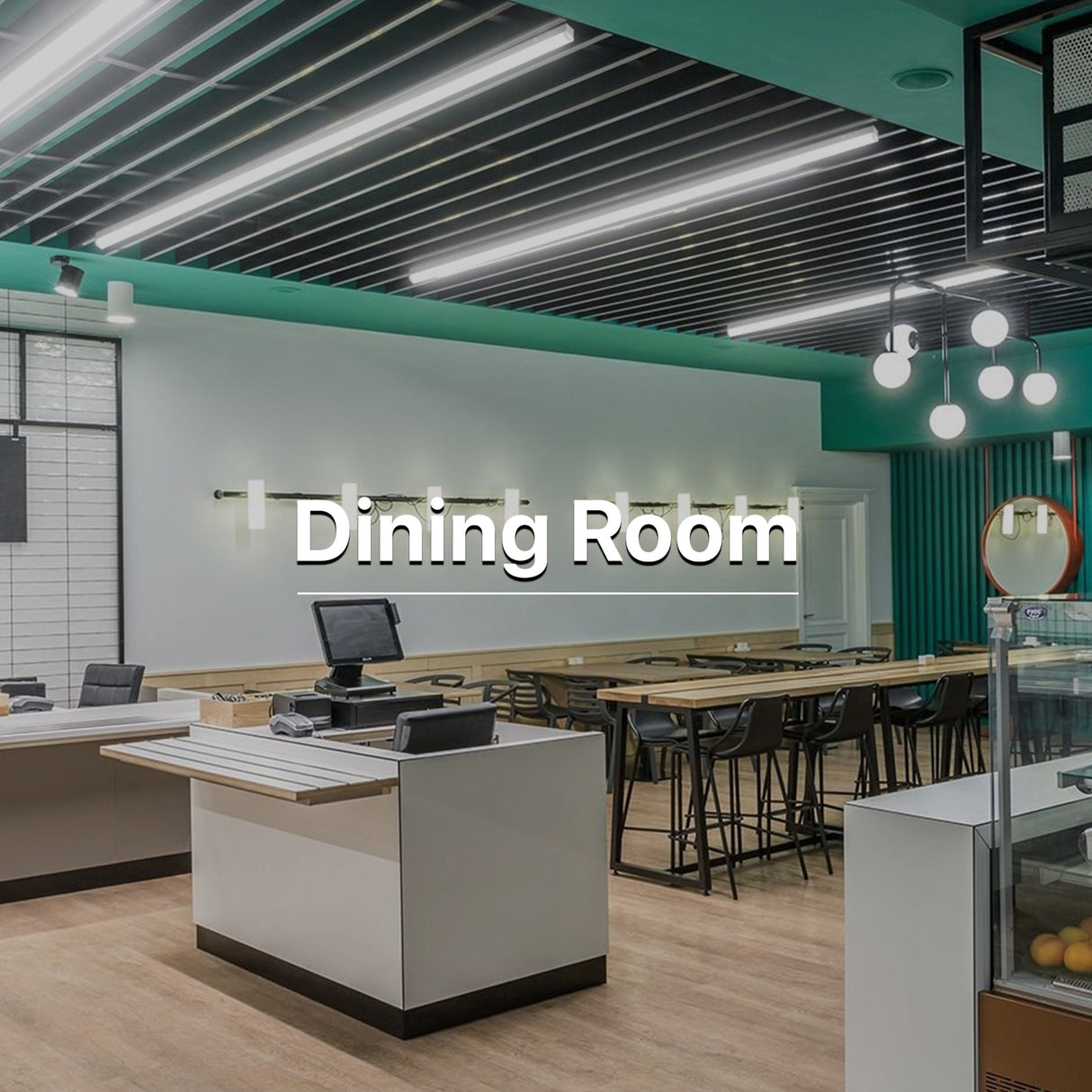 Dining room illuminated by LED linear strip lights