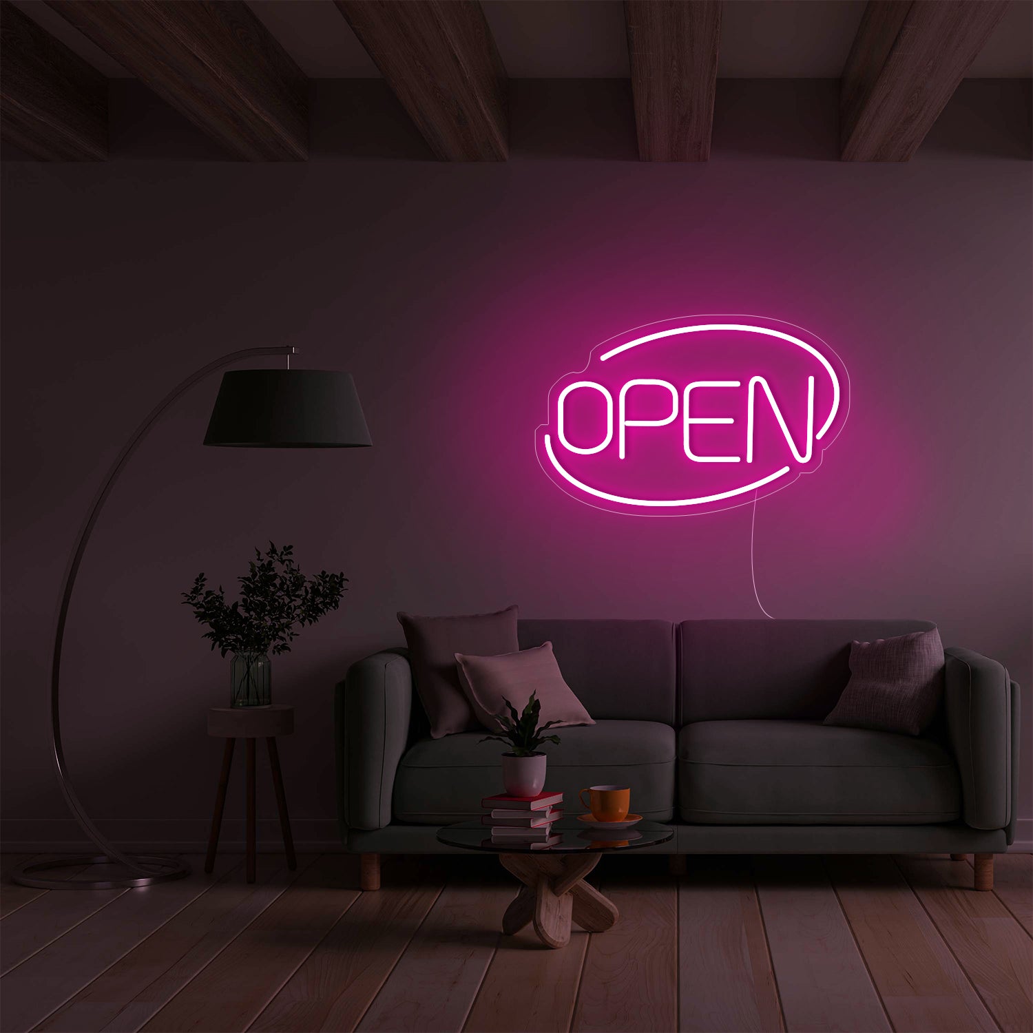 Purple OPEN LED neon sign in a modern interior