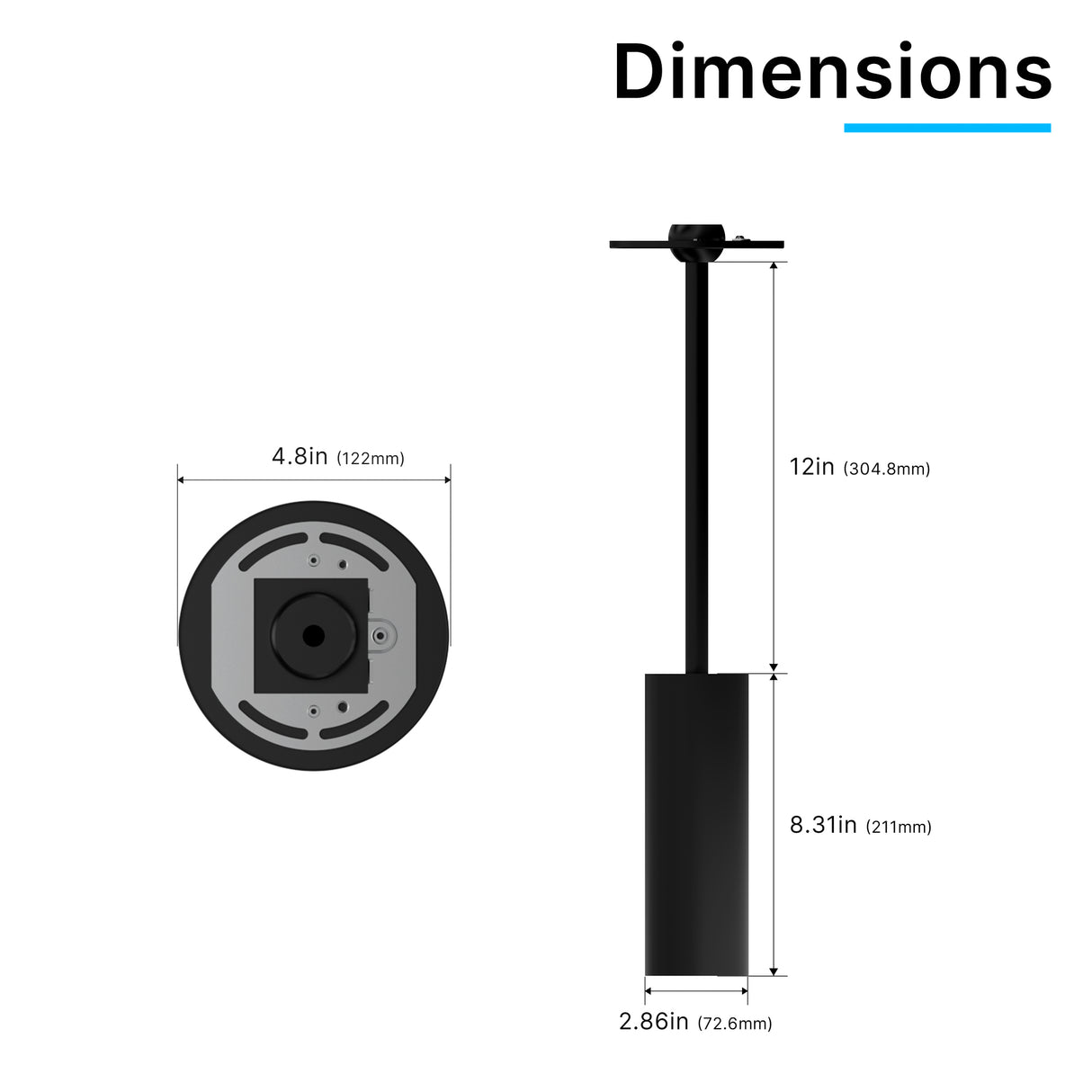ACD01-15W LED Cylinder Light 1ft Stem Mount Size and Installation Dimensions