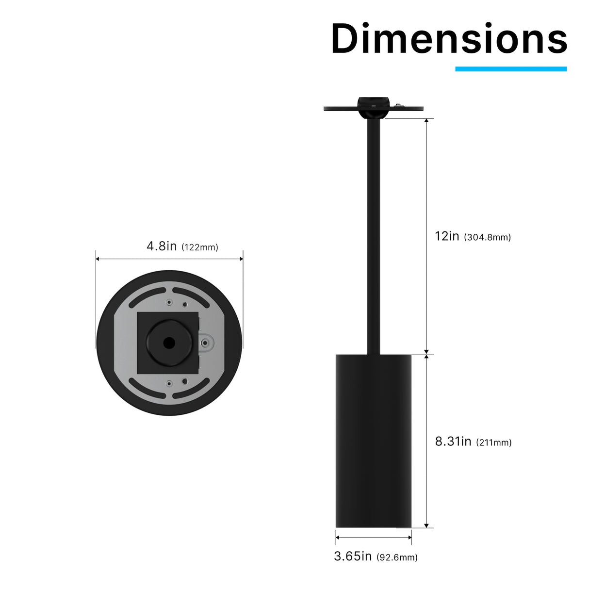 ACD01-25W LED Cylinder Light 1ft Stem Mount Dimensions and Installation Details