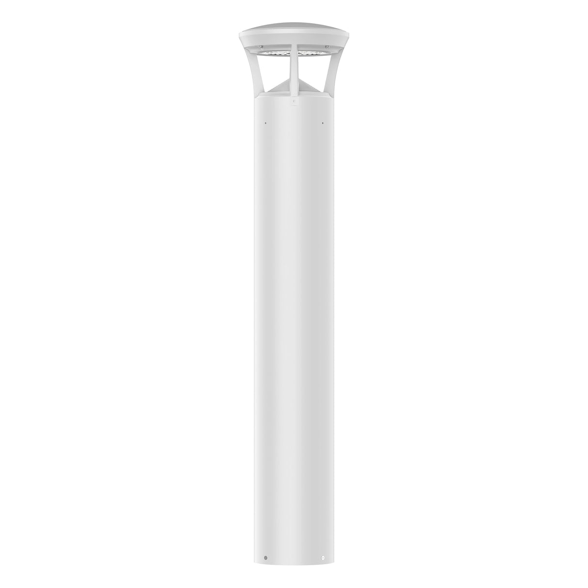 White finish LED bollard light with crowned top for pathways, parks, and landscape lighting