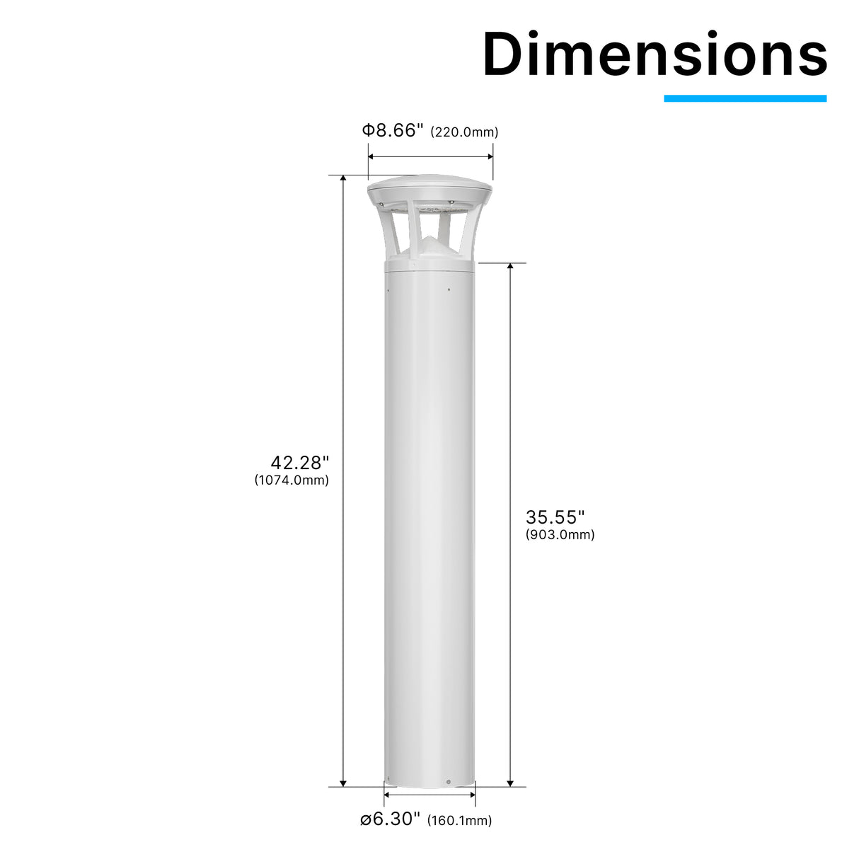 Dimension drawing of white finish LED bollard light with crowned top