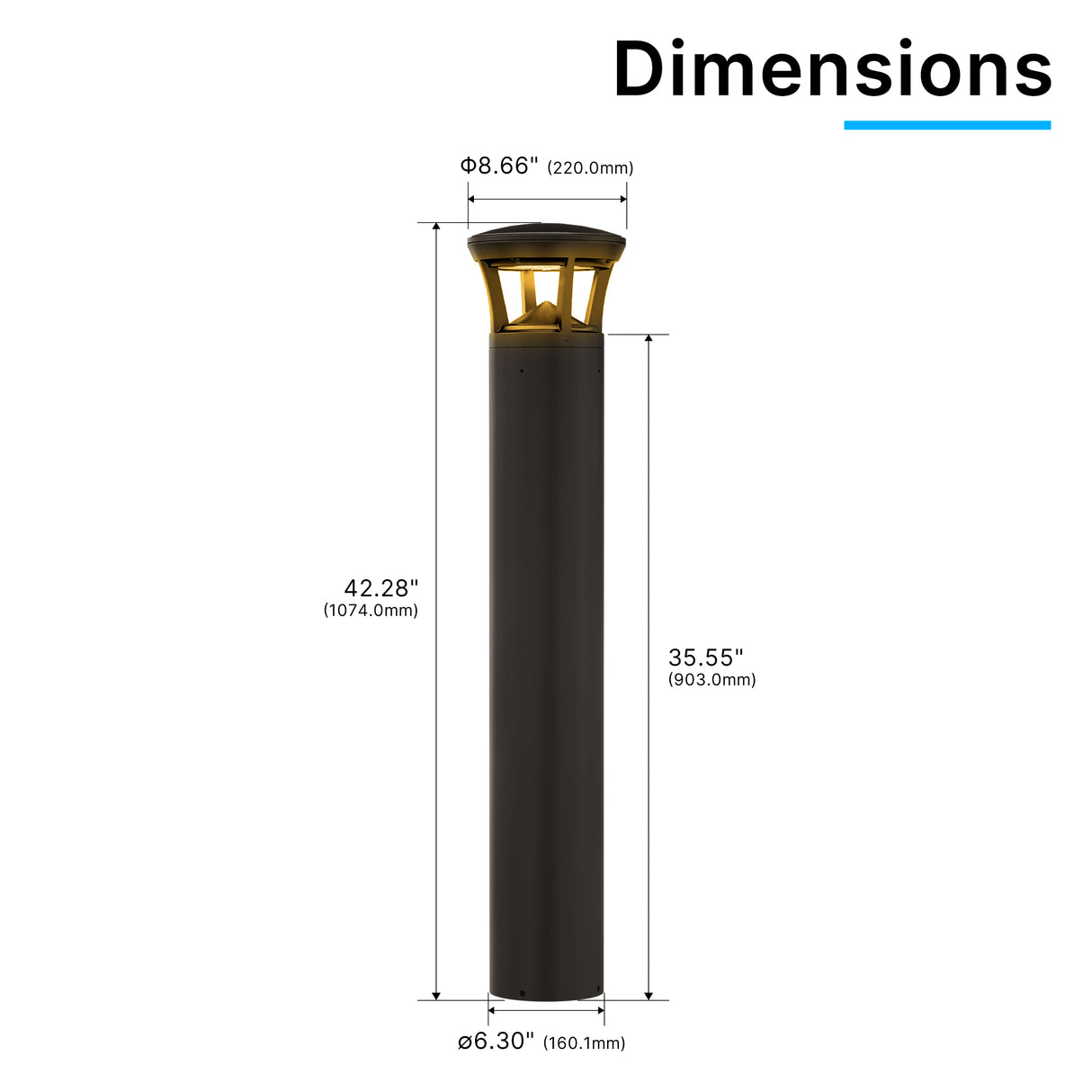 Dimension drawing of crowned top amber LED bollard light