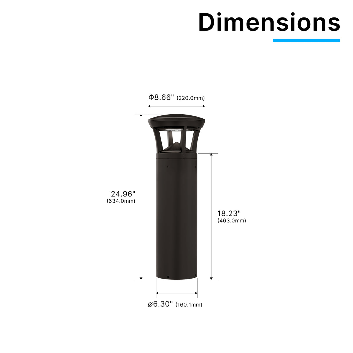 Dimension drawing of LED bollard light with crowned top