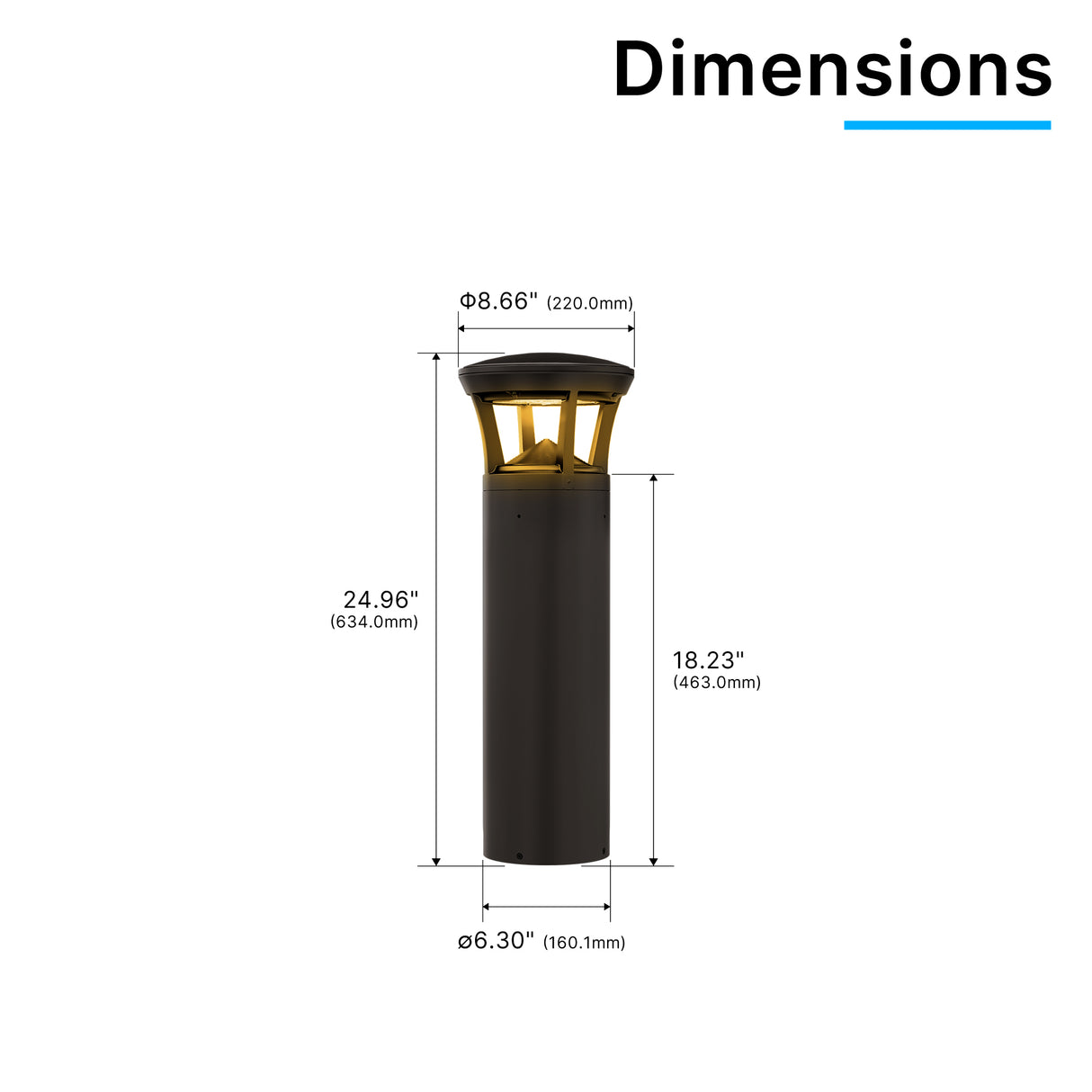 Dimension drawing of crowned top amber LED bollard light