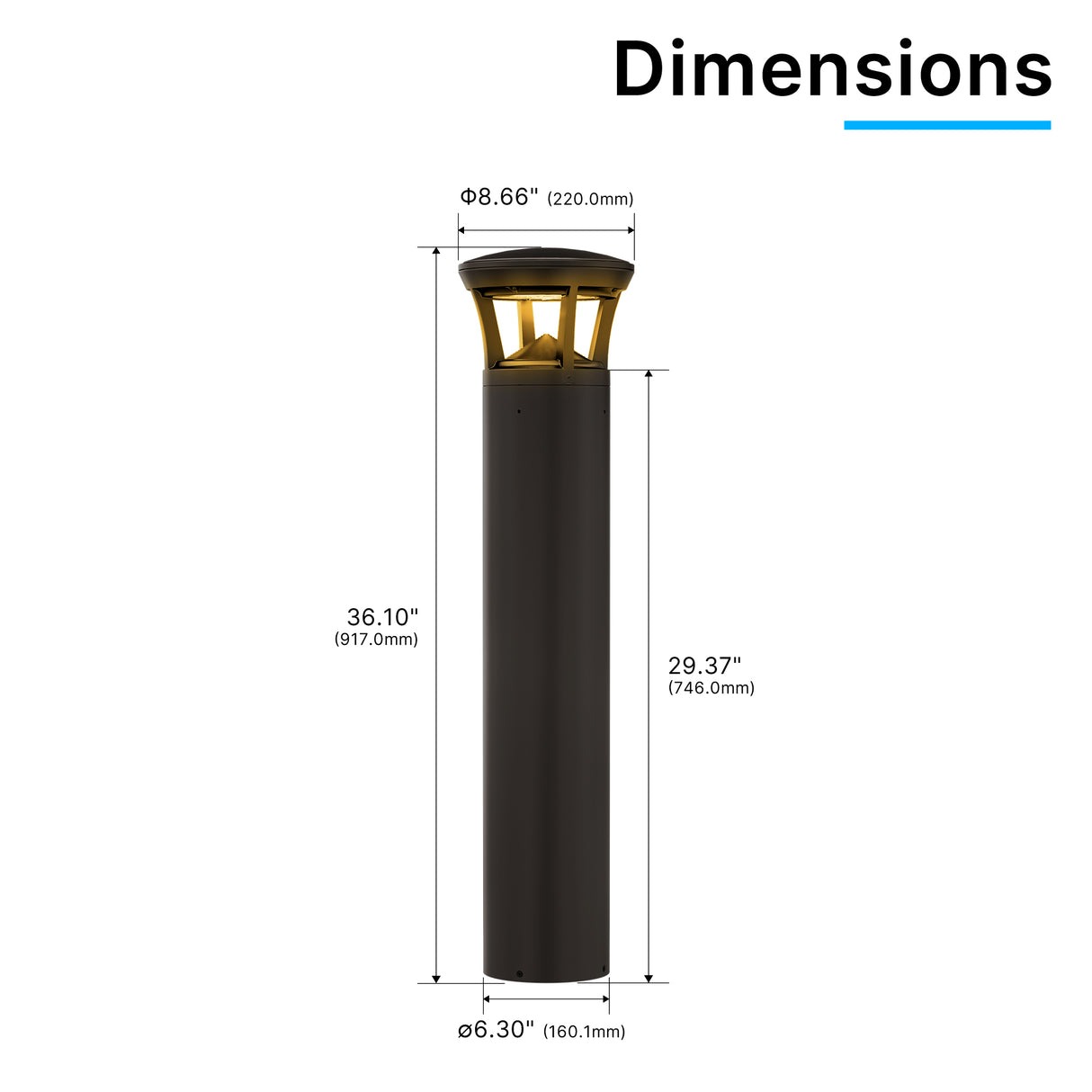 Dimension drawing of crowned top amber LED bollard light