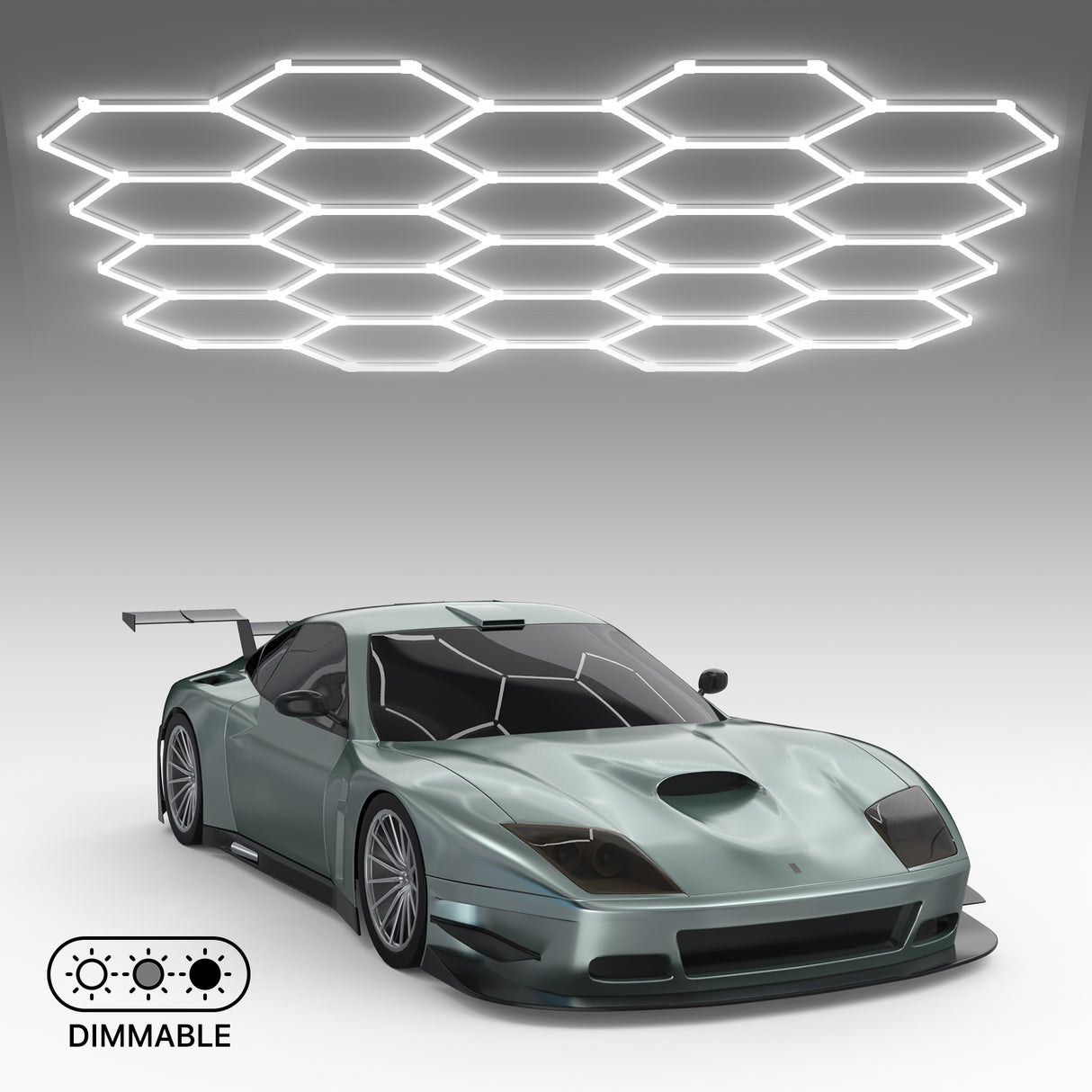 Dimmable hexagon garage lights illuminating a sports car