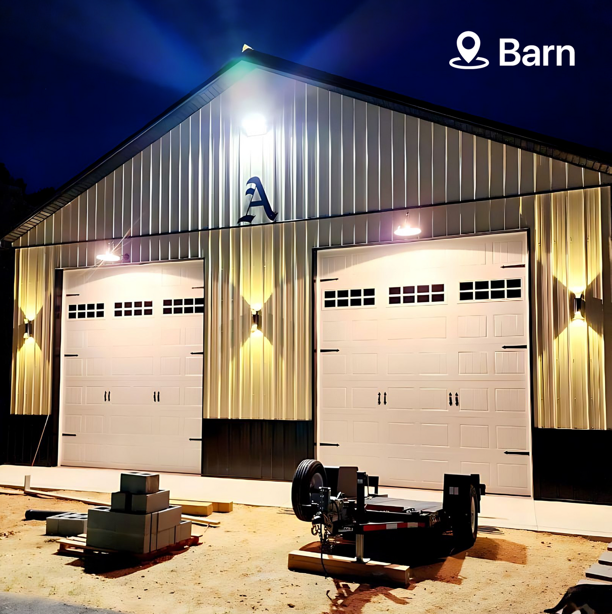 Barn exterior illuminated by Moon series wall pack lights