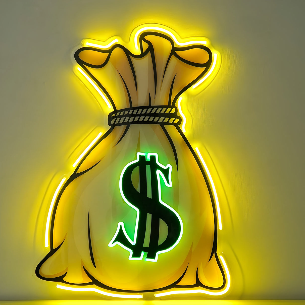 Yellow neon money bag sign with dollar symbol