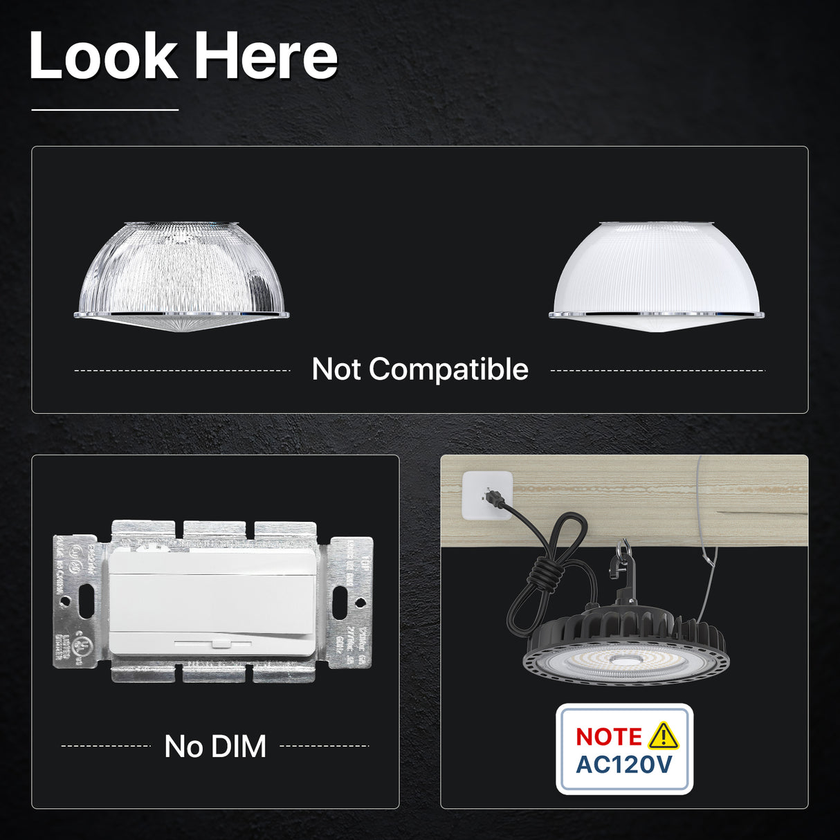 HYPERLITE UFO LED High Bay Light compatibility details: Not Compatible, No DIM, AC 120V