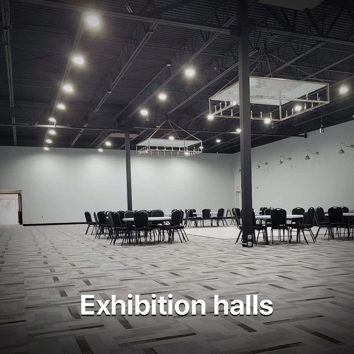 Exhibition hall lit by HYPERLITE LED high bay lights